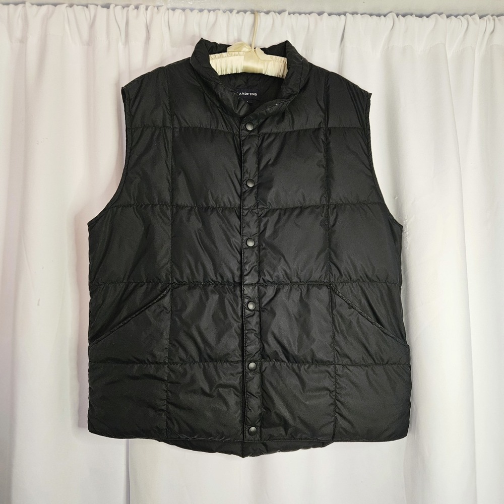 Lands End Goose Down Puffer Vest Men's Large 42-44 Black Outdoors‎ Snaps Quilted